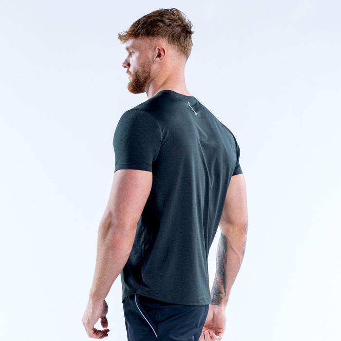 Men's active crew-neck t-shirt top, short sleeves, dark green; side/back view