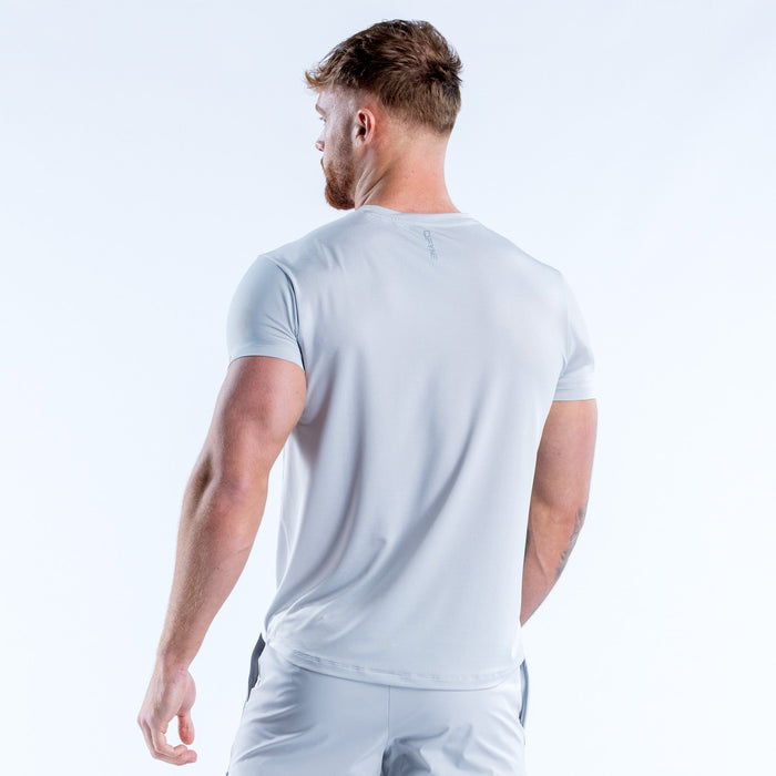 Light blue performance crew-neck T-shirt from back view, short sleeves