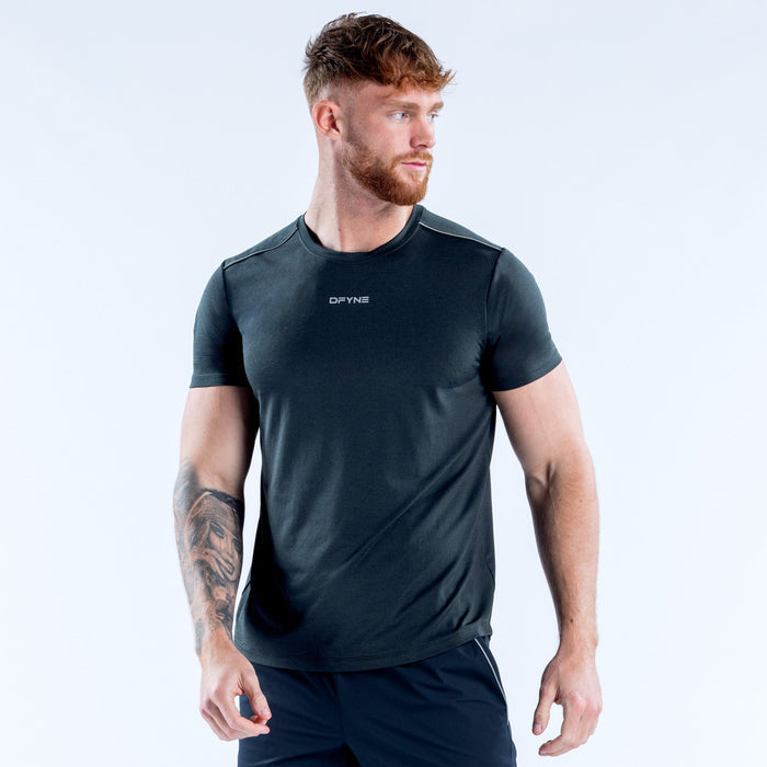 Men's active crew-neck t-shirt top, dark green, short sleeves; front view with chest logo