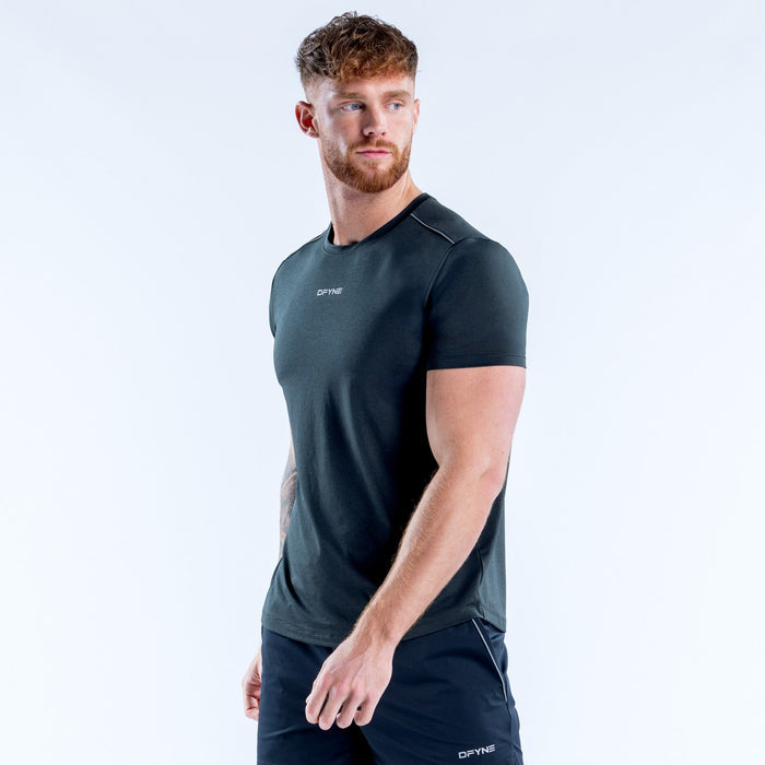 Men's active crew-neck t-shirt top, dark green, short sleeves; angled front view