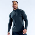 Dark quarter-zip long-sleeve athletic top with stand collar and zipper