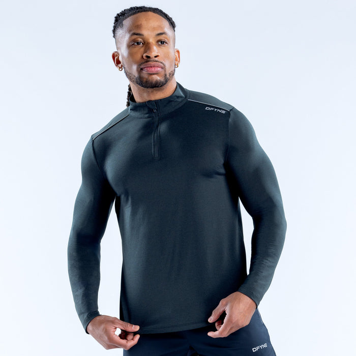 Dark quarter-zip pullover with stand collar, long sleeves, fitted athletic fit