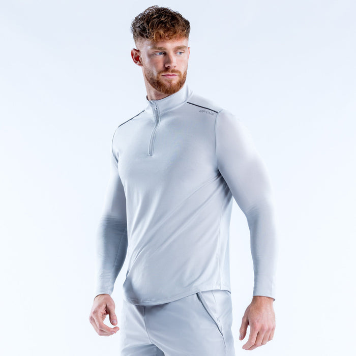 Men's light blue quarter-zip pullover with small chest logo