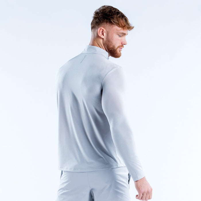 Men's light blue quarter-zip pullover, rear side view with long sleeves