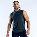 Black sleeveless charge tank top with crew neck and small chest logo