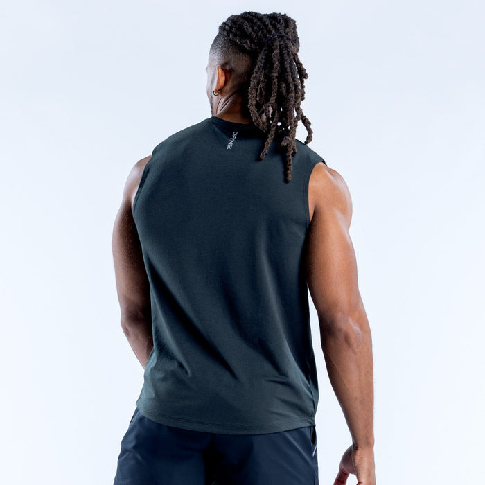 Black sleeveless charge tank top shown from back with small upper-back logo