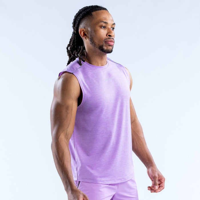 Lavender sleeveless crew-neck tank top, side view.