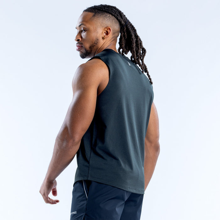 Black sleeveless charge tank top side view with crew neck and small back logo