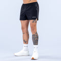 Men's black 4-inch training shorts with elastic waistband and white side piping