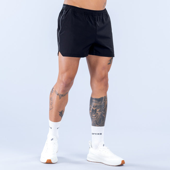 Men's black 4-inch training shorts with elastic waistband and contrast side seams
