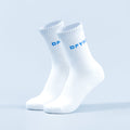 White crew socks with blue logo text on the front