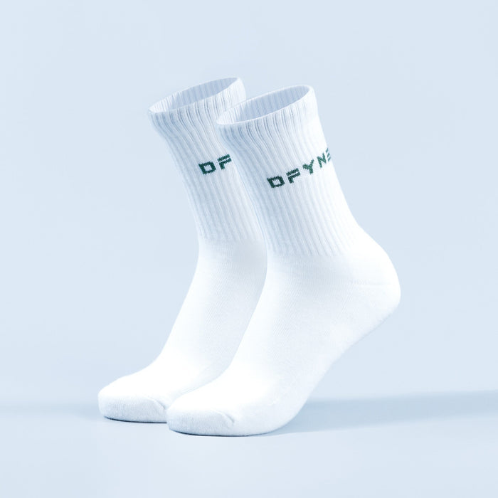 White crew socks with small logo on cuff, ribbed knit and cushioned foot