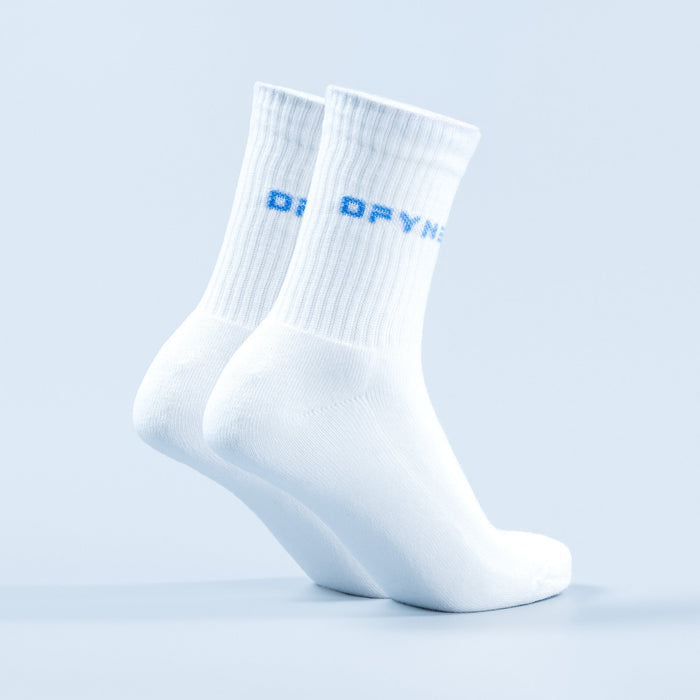 White crew socks with ribbed cuffs and blue logo text