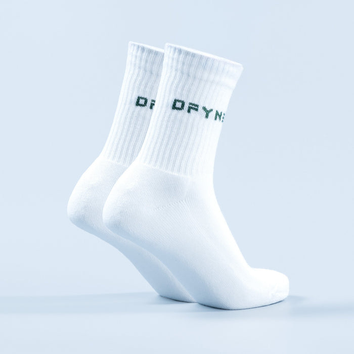 White crew socks with DRYTN logo lettering