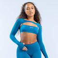 Teal long-sleeve athletic shrug with cropped front and DRYN logo