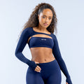 Navy long-sleeve athletic shrug with sports-bra overlay and cropped hem