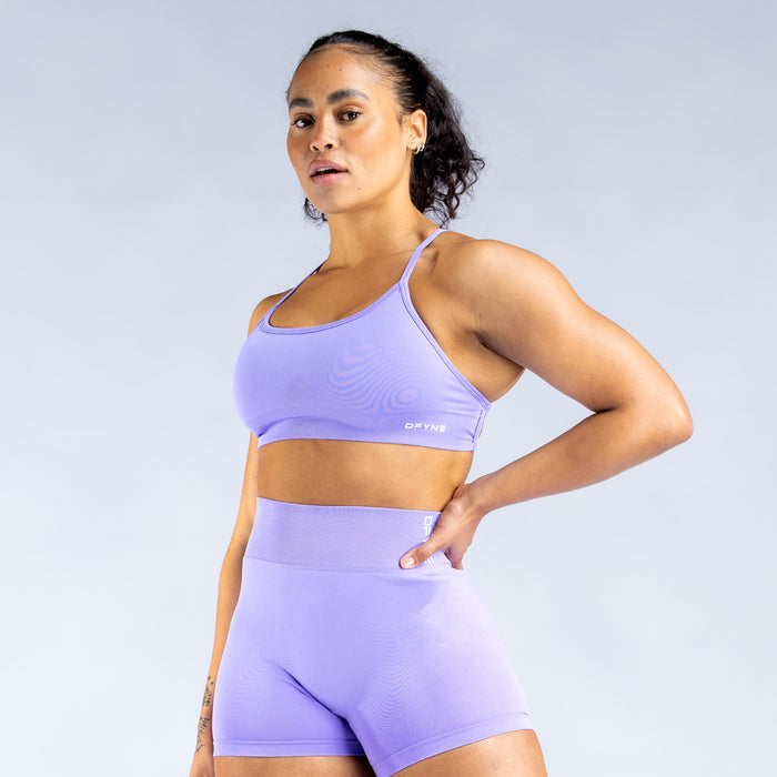 Lilac backless sports bra with crisscross racerback straps