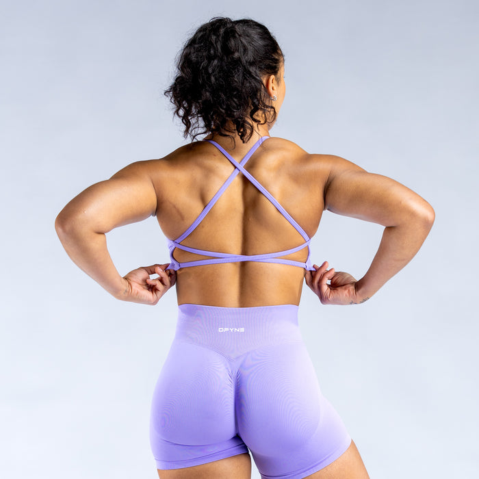 Lilac backless sports bra with V-back crisscross strap detail
