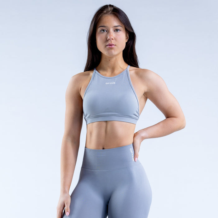 High-neck backless sports bra, light blue-gray, racer back with crisscross straps