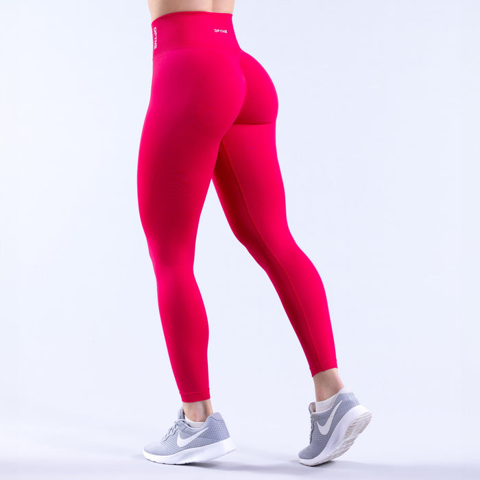 Fuchsia high-waist full-length leggings, rear view, with small waistband logo