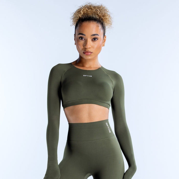 Olive green long-sleeve crop top with crew neck and fitted athletic cut