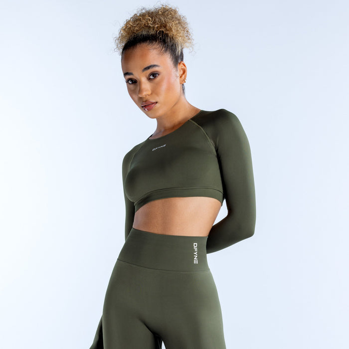 Olive green long-sleeve crop top with crew neck, snug fit, and chest logo