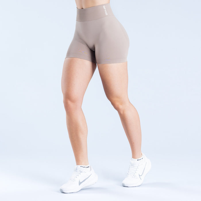 Women's taupe 4.5-inch athletic shorts, high-rise waistband, rear seams visible