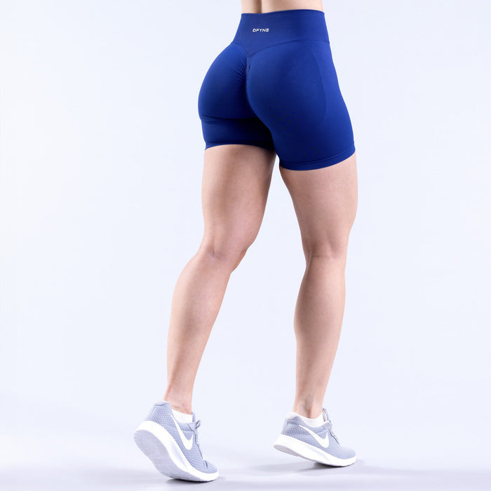4.5-in blue performance shorts with wide waistband, back view