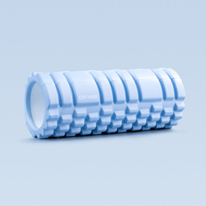 Blue foam roller with segmented ridges and DFYNE logo