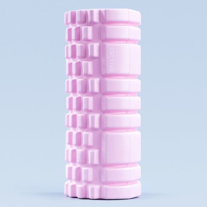 Pink foam roller with DRYNE logo, dense grid ridged texture