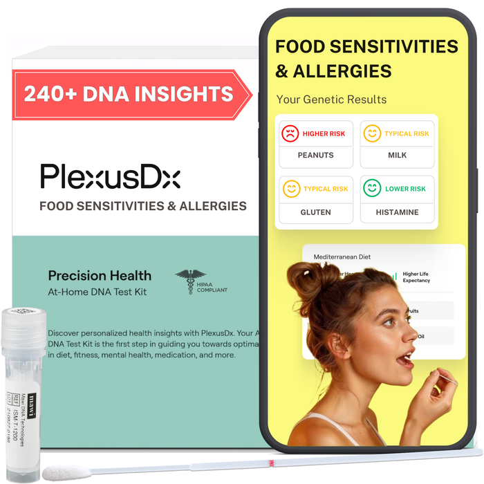 PlexusDx DNA test kit with smartphone displaying genetic results on a white background