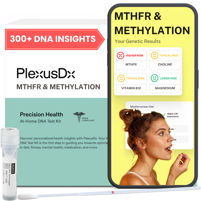 PlexusDx MTHFR & Methylation DNA test kit with digital results screen and swab on a white background