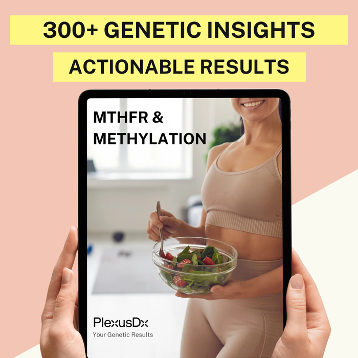 Person holding a phone displaying genetic insights about MTHFR and methylation, with a pink background.