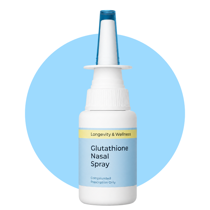 Glutathione nasal spray bottle with 'Longevity & Wellness' label on a white background