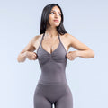 Dark gray longline strappy sports top with racerback straps and gathered bust