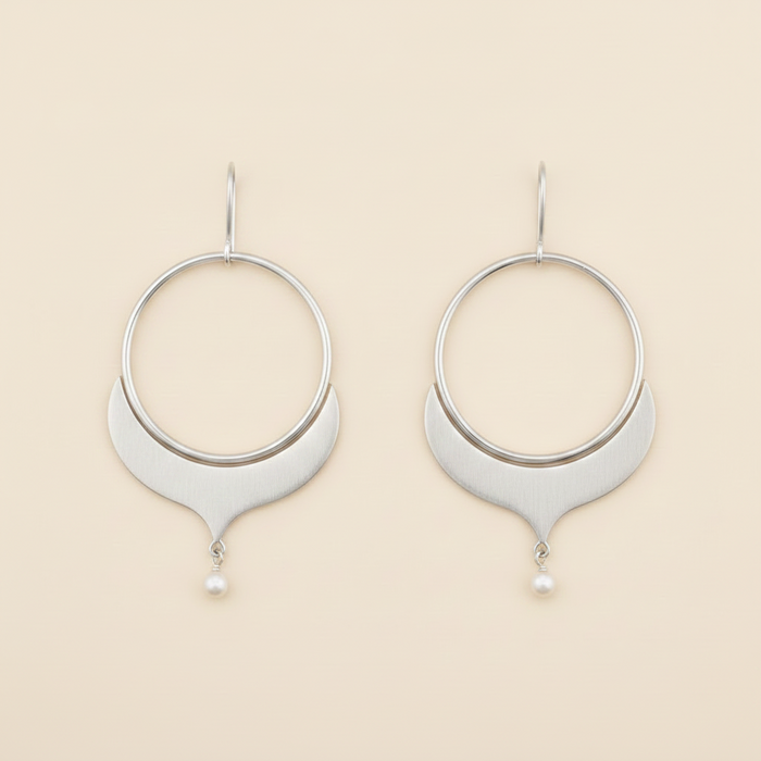 Large Alhambra hoop earrings with textured crescent drop and small pearl, silver tone
