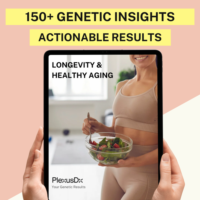 PlexusDx Longevity & Healthy Aging Genetic Test kit box with 150+ personalized aging and cellular health insights