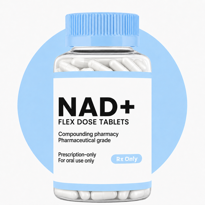 Bottle of NAD+ Flex Dose Tablets with a blue circular background