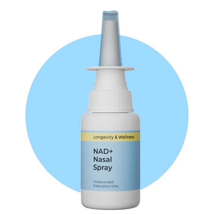 NAD+ Nasal Spray bottle with 'Longevity & Wellness' label on a white background
