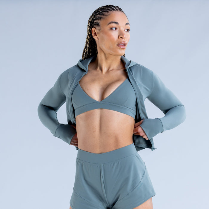 Teal-blue cropped zip hoodie open at chest, hood and long sleeves