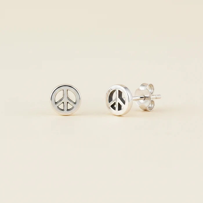 Silver peace sign stud earrings with round bezel and post backs