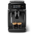 Black Philips coffee machine with two cups on a white background