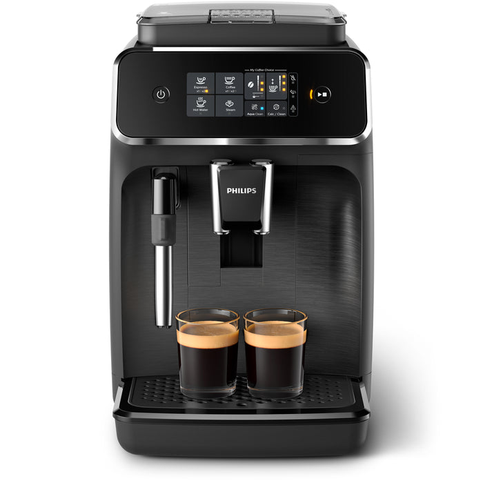 Black Philips coffee machine with two cups on a white background