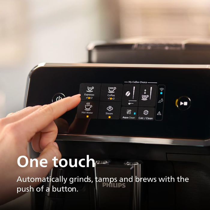 Hand pressing a button on a coffee machine with text highlighting its features.