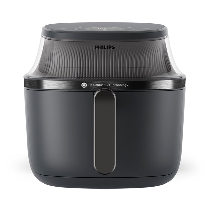 Black Philips 340 air fryer with RapidAir Plus Technology on a white background
