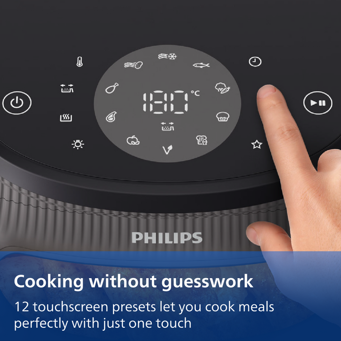 Philips kitchen appliance with touchscreen interface and a hand pressing a button.