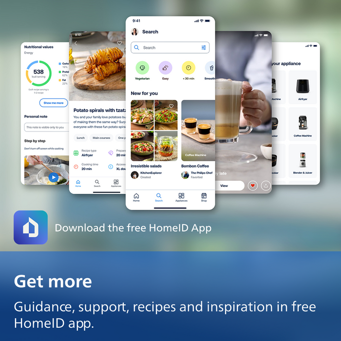 HomeID app interface with various screens on a blurred background