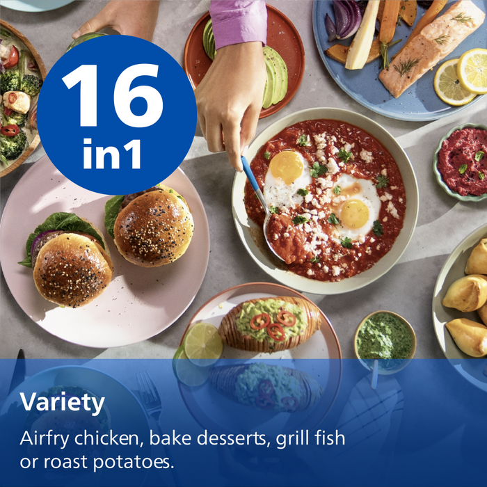 Assorted dishes including burgers, eggs in puri, and salads on a table with a '16 in 1' label.