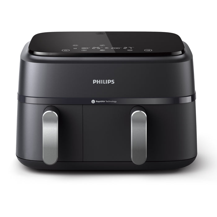 Philips dual basket air fryer on a white background