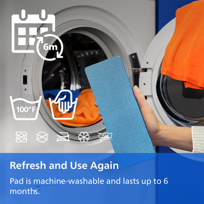 A person holds a blue reusable laundry pad in front of an open washing machine door with orange laundry inside. White icons and text explain features such as 6-month use, 40°C wash temperature, and machine washability.